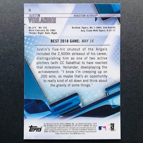 Justin Verlander - 2018 Bowman's Best #15 - Picture 2 of 2